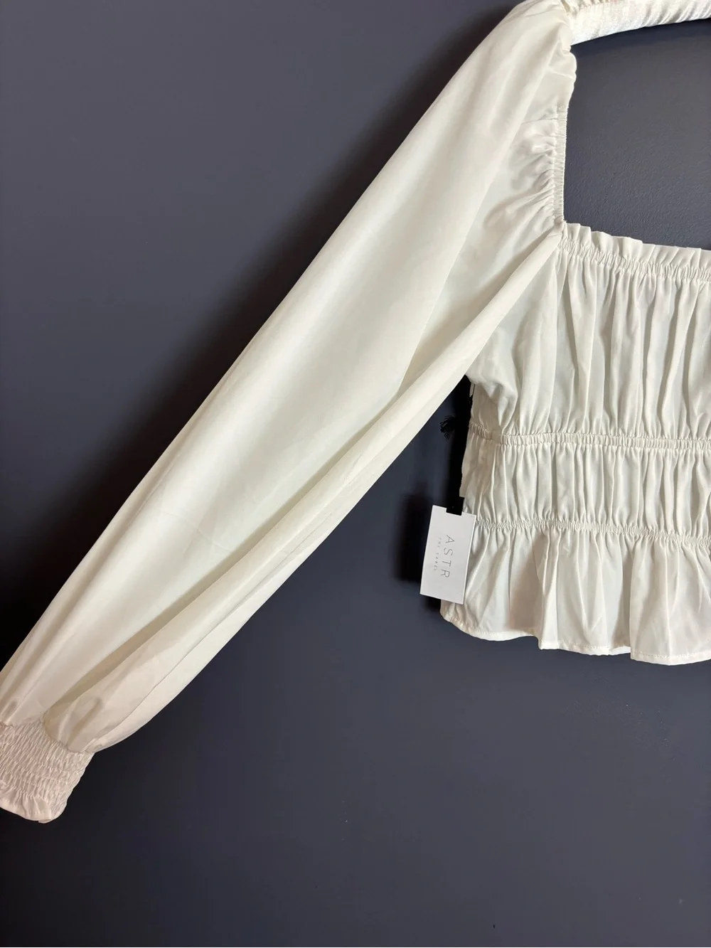 NEW ASTR The Label White Smocked Crop Blouse Top XL Square Neck Balloon Sleeves